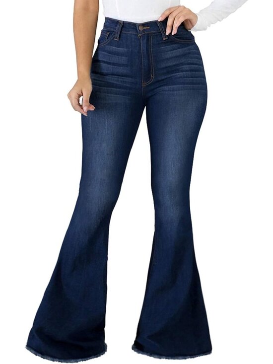 Denim - Women's Ripped High Waist Flared Jeans with Raw Hem | High-waist flared jeans wi